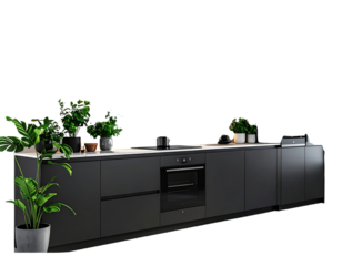 Modern minimalist kitchen with built-in oven and green plants isolated on transparent background PNG