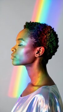 Perfil de mujer iluminada con luces de colores