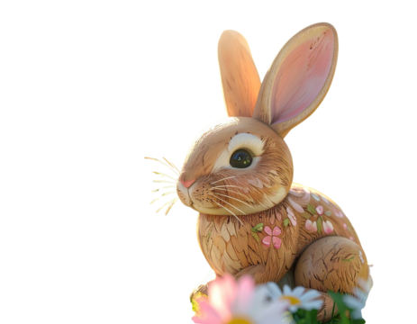 Painted wooden rabbit toy with spring flowers isolated on transparent background PNG - Powered by Adobe