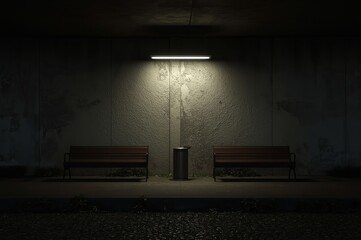 A dimly lit, empty bus stop features two wooden benches on either side of a central trash can, illuminated by a single overhead light against a textured concrete wall.