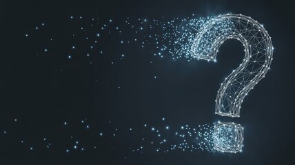 Intriguing question mark formed by glowing particles in the darkness asks for solutions and innovation