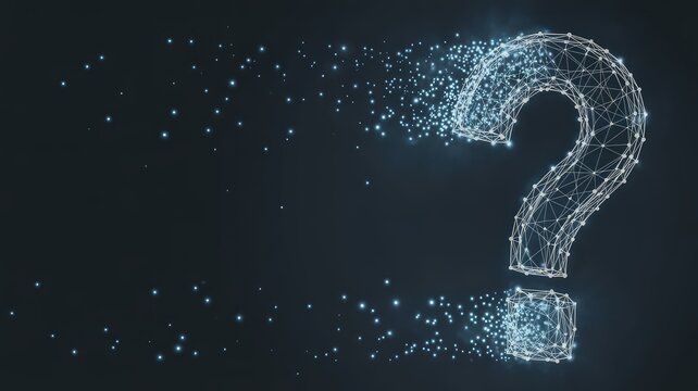 Intriguing question mark formed by glowing particles in the darkness asks for solutions and innovation