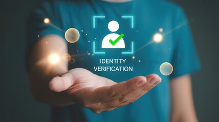 Secure online identity verification with a green checkmark for safety and digital access control on a hand