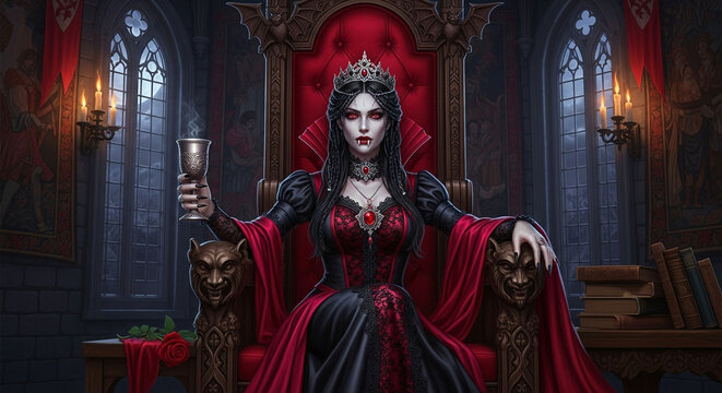 Vampire queen in gothic castle art illustration fantasy vampire gothic queen throne dark fantasy art