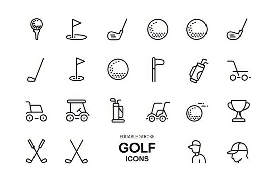 Golf icons set, contains all main golf equipment and accessories, isolated on white background vector illustration