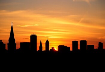 Fototapeta premium Silhouetted New Orleans skyline at sunset, iconic architecture against vibrant sky, southern usa, gulf coast