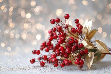 A vibrant holiday bouquet featuring rich red berries and sparkling gold leaves is arranged on a clean white background and framed by soft, twinkling bokeh lights for a wintery feel.