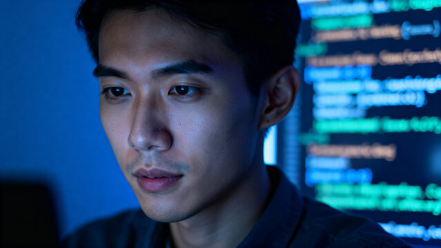 Man coding in dark room with code background
