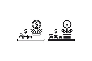 Investment icon of a money plant growing with stacked coins, symbolizing financial growth, suitable for finance and investment concepts.