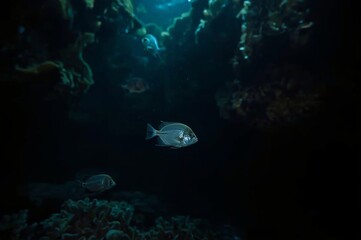 Fototapeta premium A small fish swims gracefully in a dimly lit underwater scene, surrounded by dark water and faint coral formations, with a few other fish visible in the background.