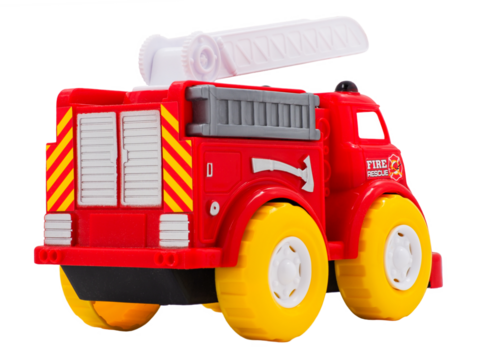 Children's toy, fire truck, red car with yellow wheels, isolated on transparent background.