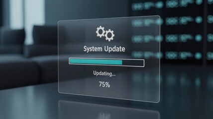 System update in progress with modern tech interface showing 75 percent complete in a data center