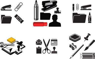 Office supplies stationery icons stapler paperclip