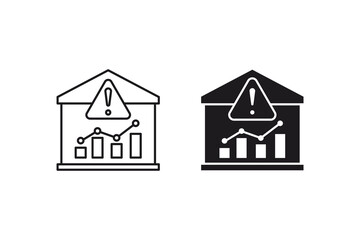 Attention icon highlights warning above financial buildings, indicating risk. Suitable for financial presentations, websites, and articles on risk management.