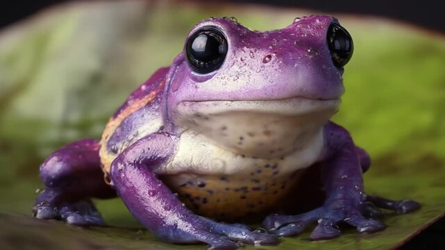 Vibrant purple frog resting on leaf close up of amphibian in nature