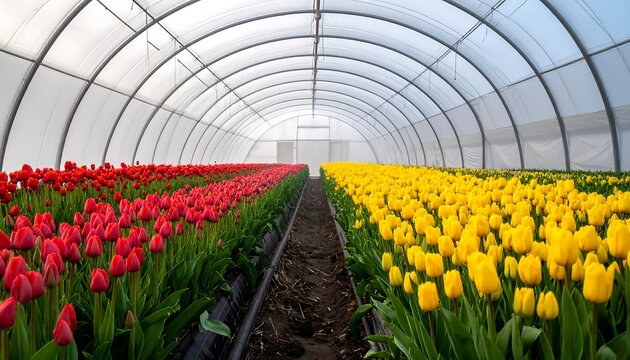 A wide, indoor shot presents rows of vibrant red and yellow flowers growing inside a greenhouse with a clear, curved roof