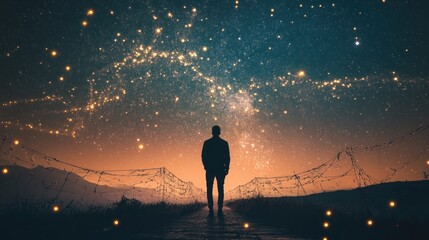 Silhouette of Man Gazing at Starry Night Sky, Dreamy Landscape.