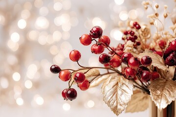 A vibrant holiday bouquet featuring rich red berries and sparkling gold leaves is arranged on a clean white background and framed by soft, twinkling bokeh lights for a wintery feel.