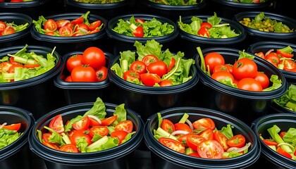 Fototapeta premium Stackable black containers filled with fresh salad and tomatoes, fresh vegetables, dark photography