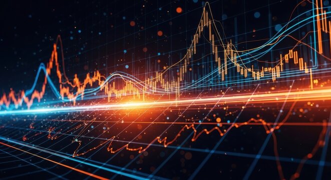 Dynamic stock market data visualization with neon light trails