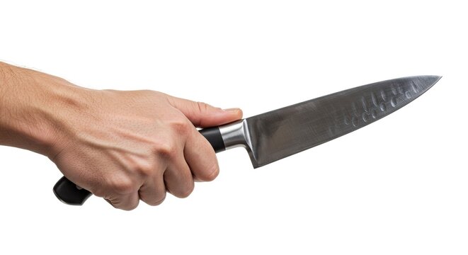 A hand grips a chefs knife with a black handle against a plain white backdrop