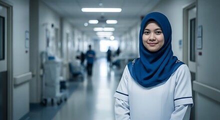 Smiling female nurse in a blue hijab posing confidently in a bright hospital corridor, embodying professional and compassionate healthcare