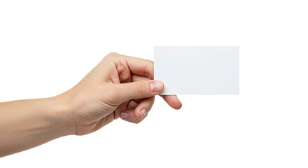 Obraz premium A hand holding a blank white card against a white background
