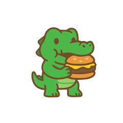 Cute cartoon alligator eating a burger