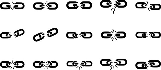 Broken chain collection: black silhouette designs of linked and unlinked chains