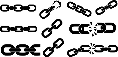 Broken chain collection: black silhouette designs of linked and unlinked chains