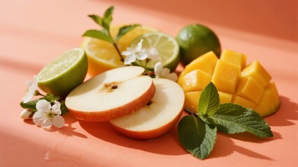 Fresh sliced fruits including apple, mango, lime, and orange with mint leaves and flowers on a warm-toned surface