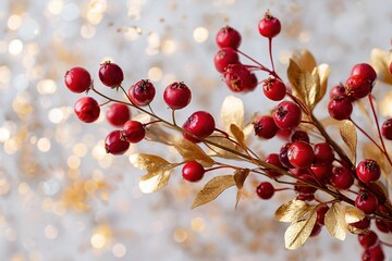 A vibrant holiday bouquet featuring rich red berries and sparkling gold leaves is arranged on a clean white background and framed by soft, twinkling bokeh lights for a wintery feel.