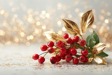 A vibrant holiday bouquet featuring rich red berries and sparkling gold leaves is arranged on a clean white background and framed by soft, twinkling bokeh lights for a wintery feel.
