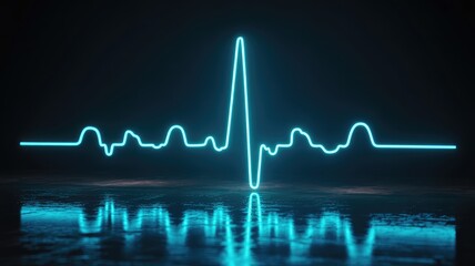 Dynamic neon heartbeat pulse wave reflecting on water, futuristic medical concept
