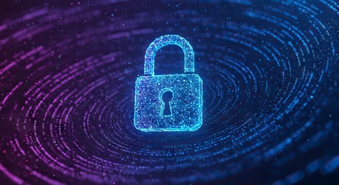 A blue padlock made of interconnected lines is on a dark swirling background with purple and blue hues