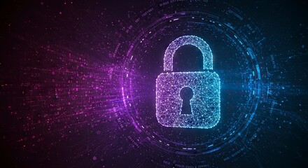 A digital padlock is displayed with a geometric wireframe design on a dark futuristic background