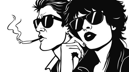 Black and white illustration of a man smoking a cigarette next to a woman wearing sunglasses.