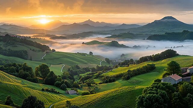 Breathtaking panoramic view showcases lush green rolling hills and valleys with soft morning mist bathed in warm golden sunrise light for serene nature travel tranquility inspiring beauty concept