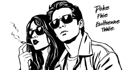 Illustrated couple wearing sunglasses; the woman is smoking a cigarette, while the man looks off in the distance.