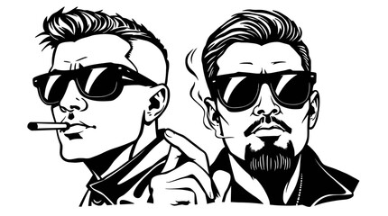 Two men with sunglasses, one smoking a cigarette, depicted in a black and white vector illustration.