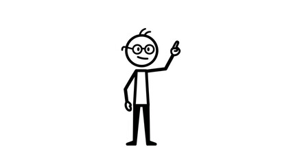 A stick figure with glasses points upwards, possibly offering an idea or suggestion.