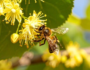 Honeybee pollinating vibrant yellow flowers