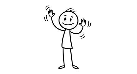 A simple stick figure waving both hands with a smiling face, isolated on a white background. © nevermind
