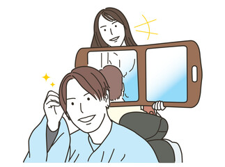 鏡で髪型を確認する男と鏡を持つ女性美容師