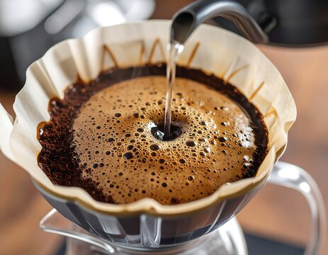 Hot water pours over coffee grounds in a pour-over brewing device