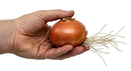 A hand holding a yellow onion with visible roots against a white background