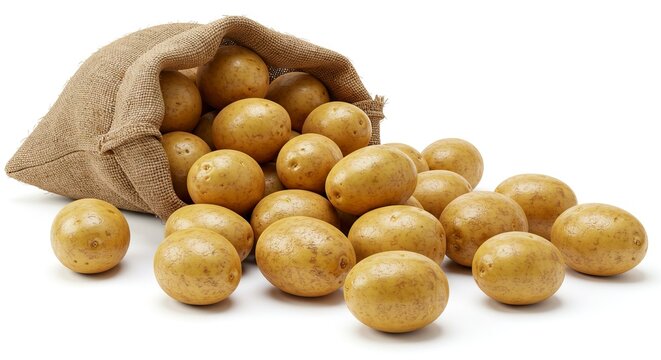 A burlap sack tipped over spilling potatoes
