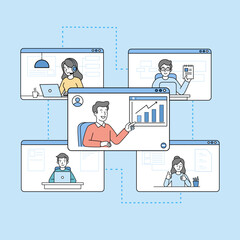 People connecting and collaborating through an online video call meeting via the internet system, symbolizing remote work, teleconference, and digital communication, a modern vector illustration.