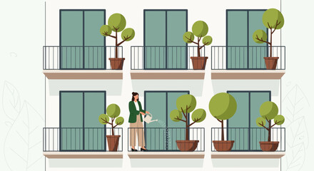 Woman tending to plants on apartment balconies adding a touch of nature to urban living scene