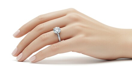 A hand displays a diamond ring with a sparkling center stone and a band adorned with smaller diamonds